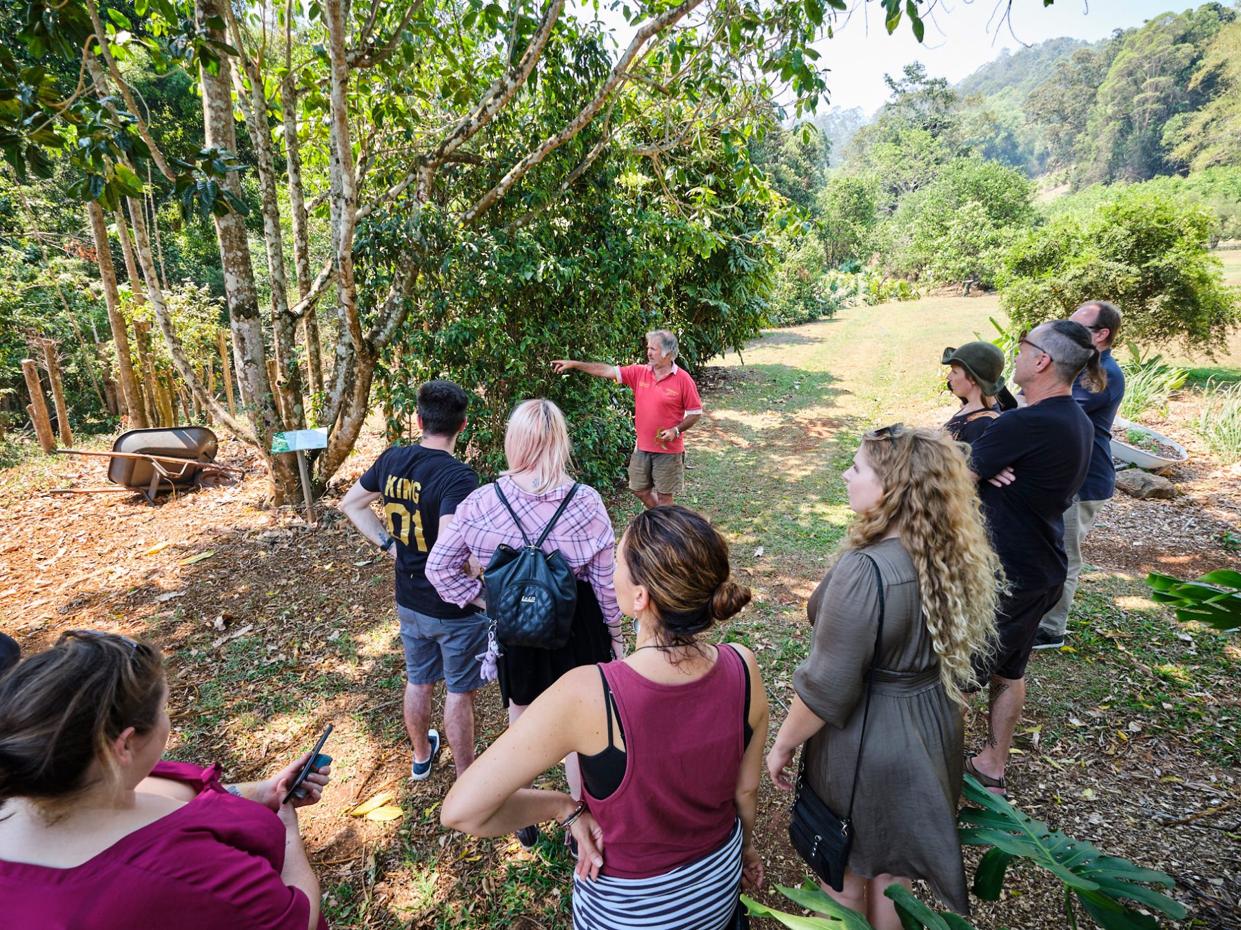 a group of people standing in a garden