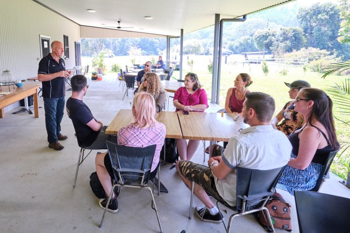 a group of people sitting at a table