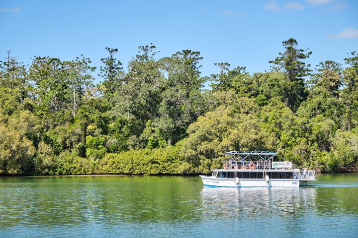 a small boat in a body of water surrounded by trees