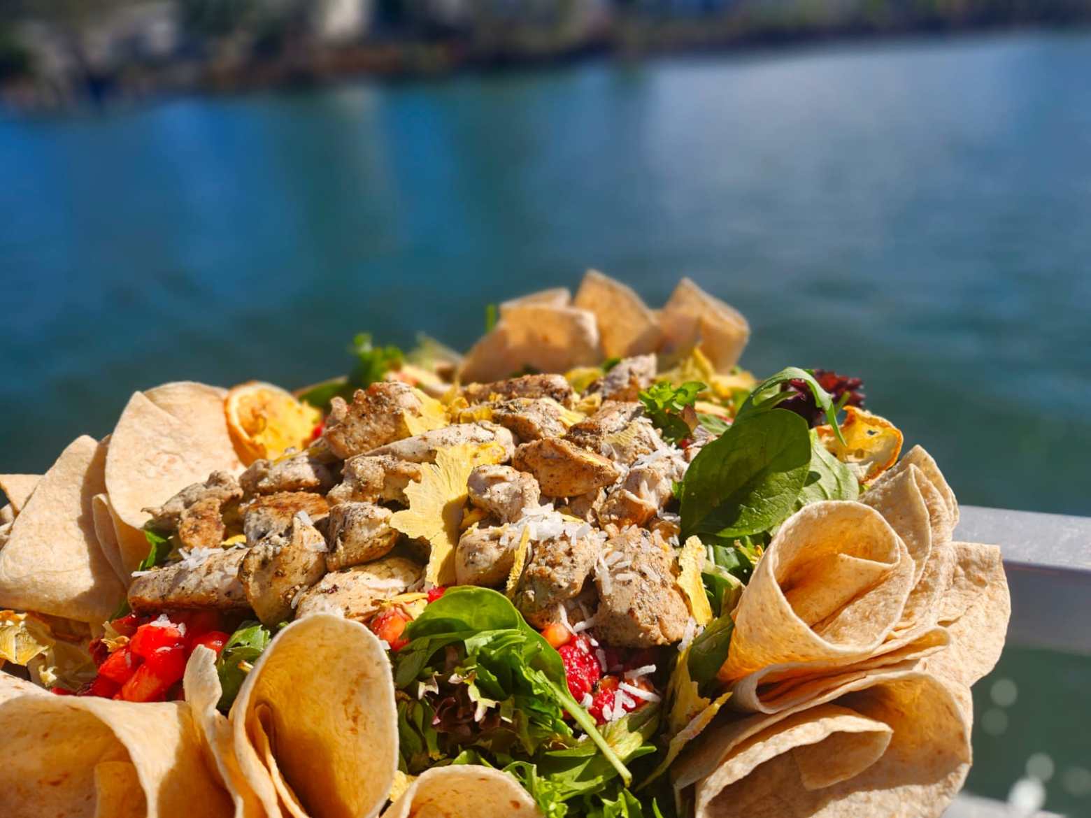 Salad with grilled chicken and tortilla chips by a lakeside.