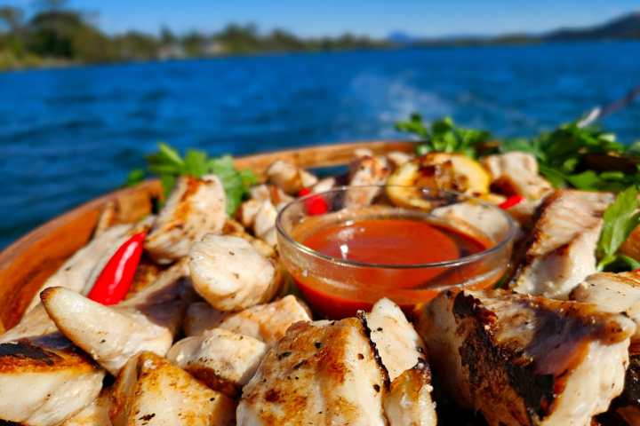 Grilled chicken and red sauce in a dish with a lake view background.