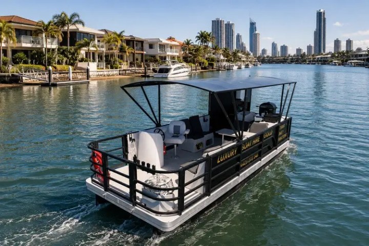 A pontoon boat cruising on a city canal with skyscrapers in the background.