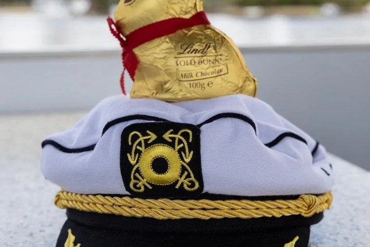 Chocolate bunny on a decorated captain's hat